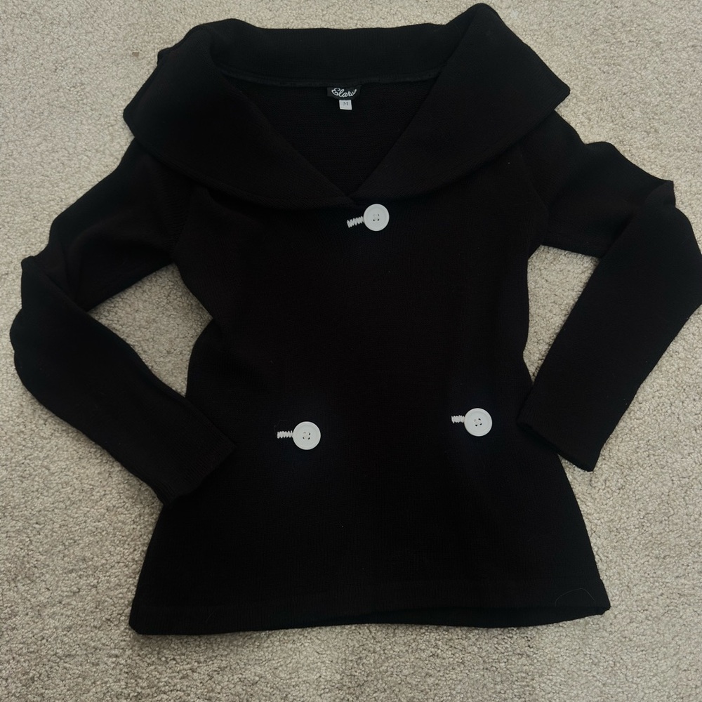 Elaris Black Knit Sweater M Wide Collar Button Detail